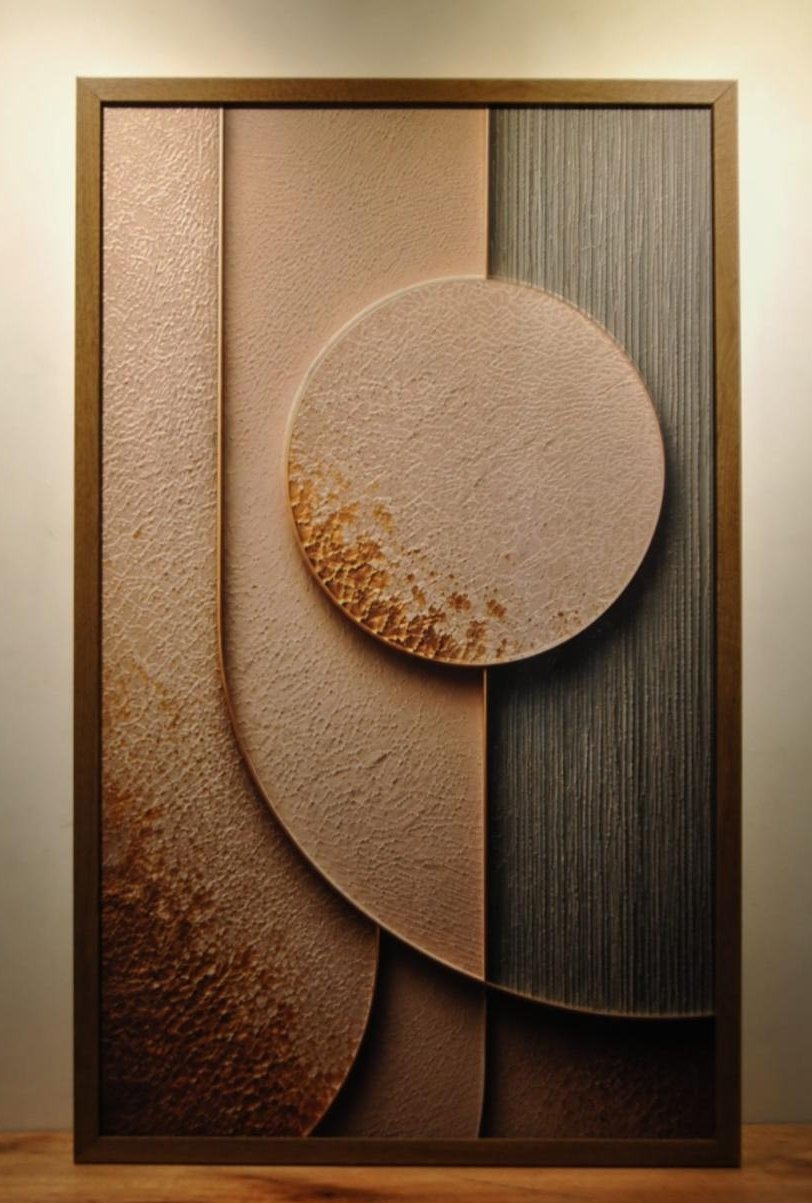 Armonía Dorada, obra en relieve colgada e iluminada