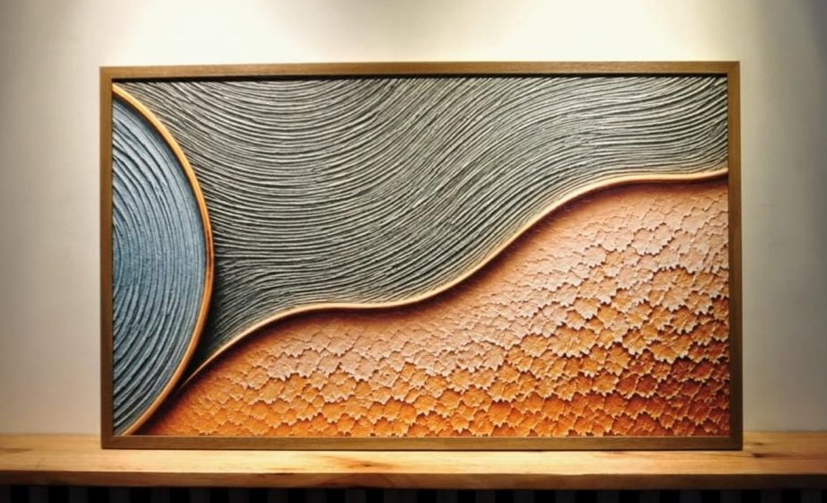 Armonía Natural, obra en relieve colgada e iluminada